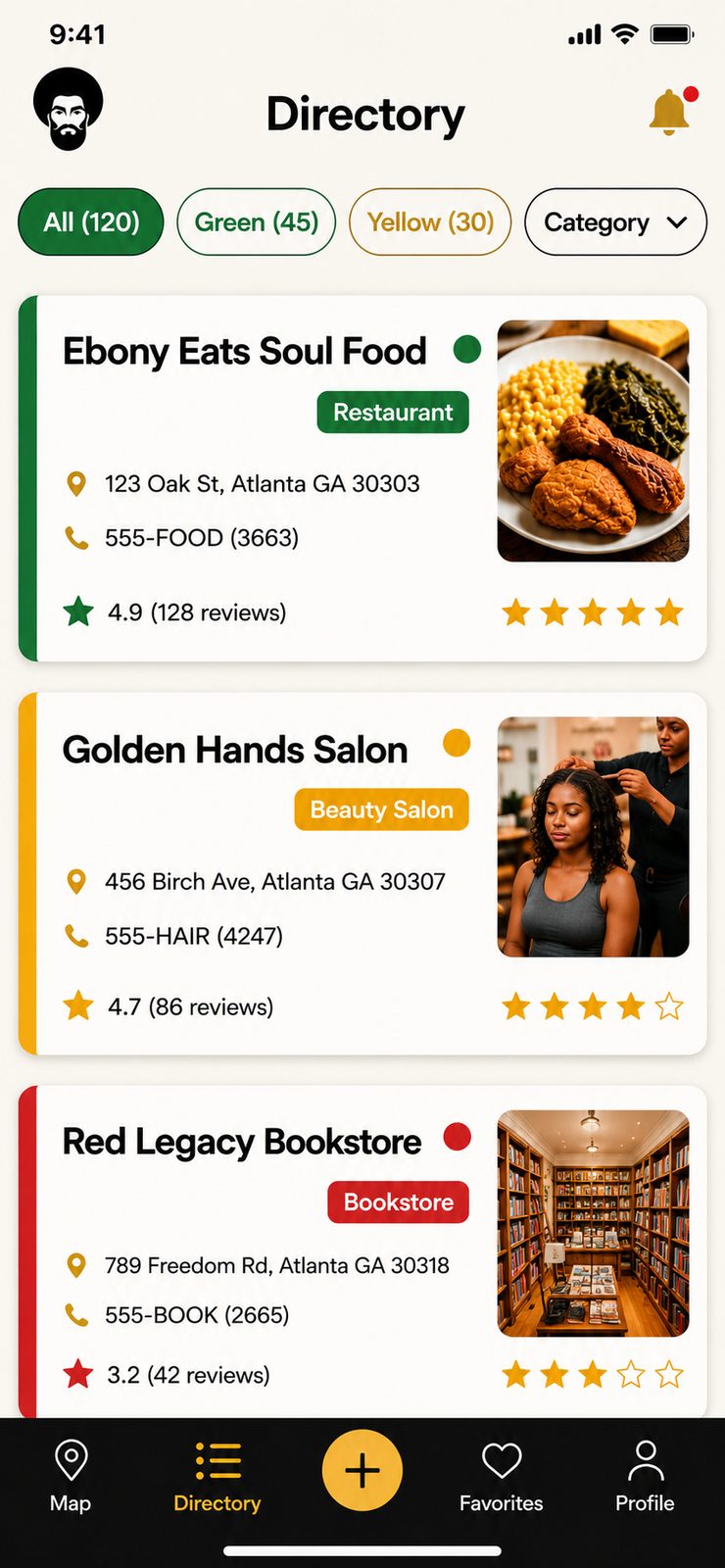 Black Dollar app business directory Business directory with filter chips and listings