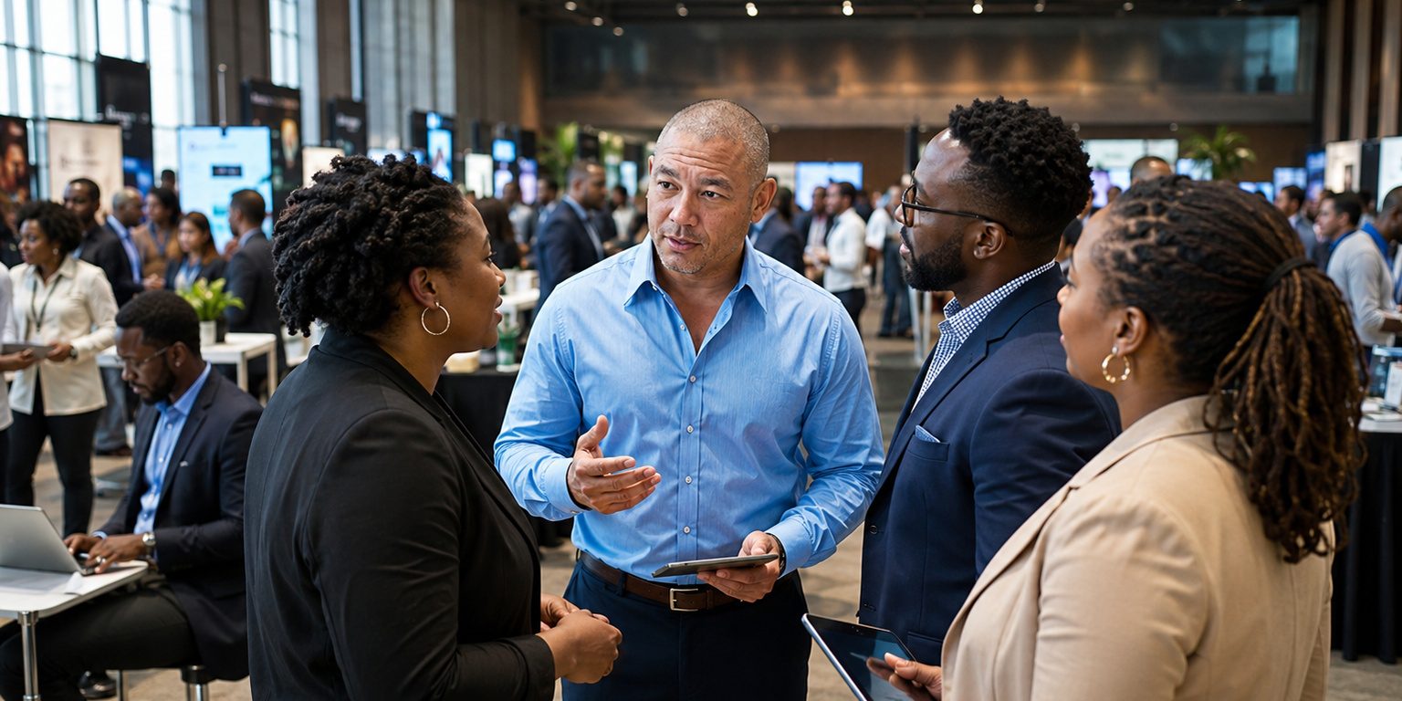 Black American entrepreneurs and community members standing together in front of local businesses