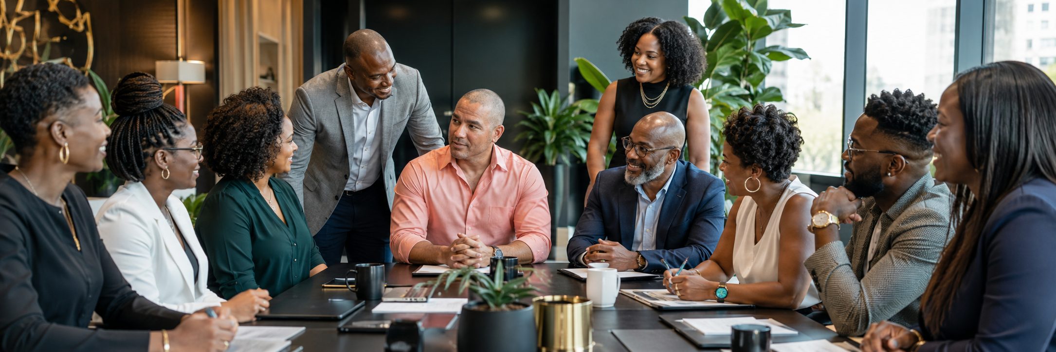 Black professionals building together Black professionals collaborating around a table in a modern workspace