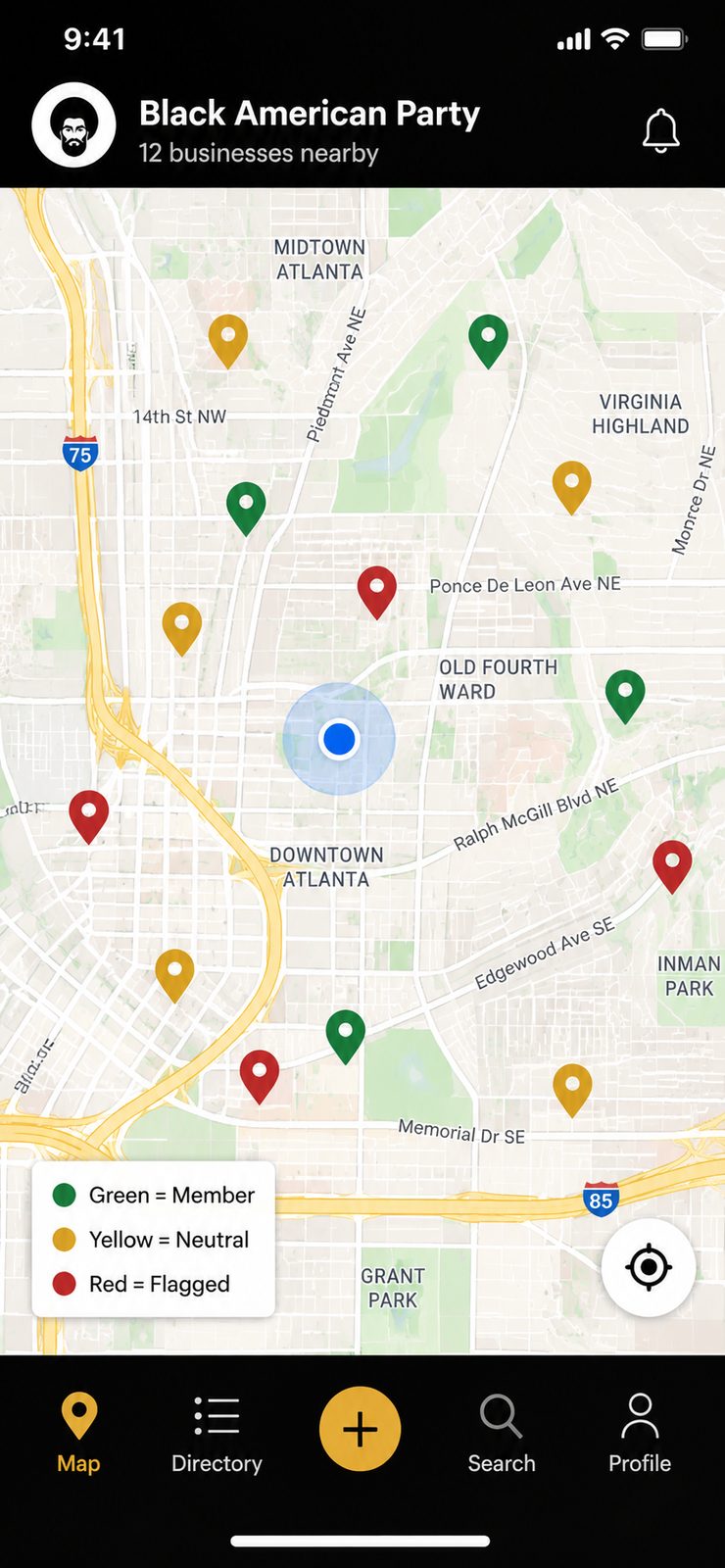 Map view showing green, yellow, and red business markers