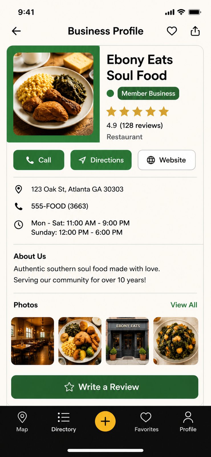 Business profile with photos, rating, and contact buttons