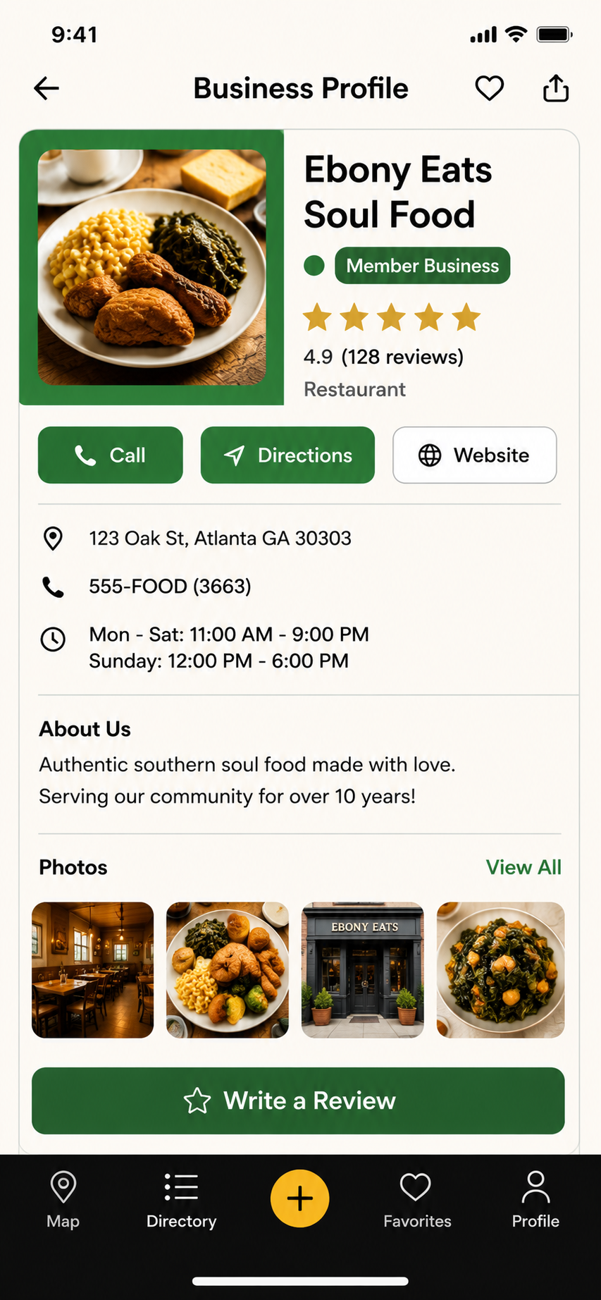 Business profile with photos, rating, and contact buttons